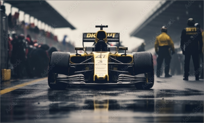 Yellow and black racing car on a wet track in a pit lane, surrounded by people in a misty atmosphere.